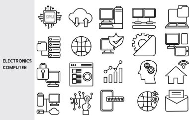 Elektronik bilgisayar ekipmanı parçaları ve elektronik bileşen imalatı, ICs, transistörler, işlemciler, iş için çizgi simgeleri seti, ana sembol koleksiyonu, Vektör illüstrasyonu. Düzenlenebilir vuruş
