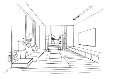 Dış ve iç mimari çizgiler çiziyor. , mimari ve iç tasarım çalışmalarında grafiksel montaj. İç veya dış tasarımlar için eskiz fikirleri.