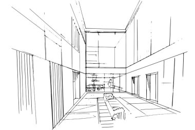 Dış ve iç mimari çizgiler çiziyor. , mimari ve iç tasarım çalışmalarında grafiksel montaj. İç veya dış tasarımlar için eskiz fikirleri.