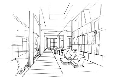 Dış ve iç mimari çizgiler çiziyor. , mimari ve iç tasarım çalışmalarında grafiksel montaj. İç veya dış tasarımlar için eskiz fikirleri.