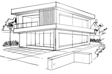 Dış ve iç mimari çizgiler çiziyor. , mimari ve iç tasarım çalışmalarında grafiksel montaj. İç veya dış tasarımlar için eskiz fikirleri.