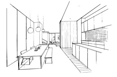 Dış ve iç mimari çizgiler çiziyor. , mimari ve iç tasarım çalışmalarında grafiksel montaj. İç veya dış tasarımlar için eskiz fikirleri.