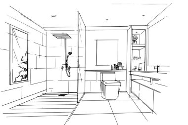 Dış ve iç mimari çizgiler çiziyor. , mimari ve iç tasarım çalışmalarında grafiksel montaj. İç veya dış tasarımlar için eskiz fikirleri.