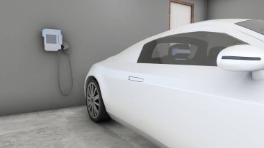 Ev yapımı elektrikli arabalar için EV şarj ediliyor. Gelecek için, temiz enerji kullanılıyor ve evdeki elektrikli araba aküleri takılıyor.