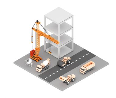 İnşaat vinci kullanımı, yüksek binaların ereksiyonu ve inşaat malzemeleri yükleme ve boşaltma. , Yüksek-binalı inşaat mühendisliği, 3D görüntüleme