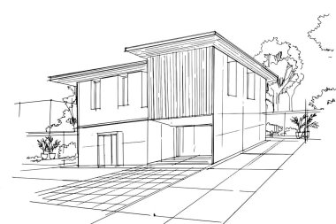 Dış ve iç mimari çizgiler çiziyor. , mimari ve iç tasarım çalışmalarında grafiksel montaj. İç veya dış tasarımlar için eskiz fikirleri.