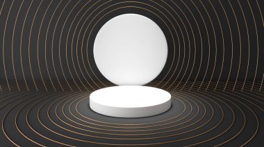 Beyaz arka kapak üzerinde beyaz kaide, altın daire çerçeve, ürün sunumu için podyum maketi, 3D görüntüleme