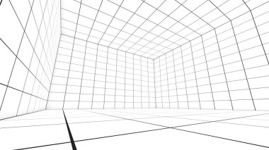 Boş, beyaz bir odadaki çizgiler çizgisi görsel bir işaret görevi görüyor. , uzaklık ölçüm ızgarası, ızgara görünümü, 3d renderin bir boşluk