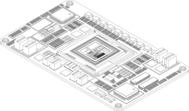 Basit bir bilgisayarın bileşenlerinin bir çizimi. İş yerindeki bilgisayar teknolojisi, izometrik