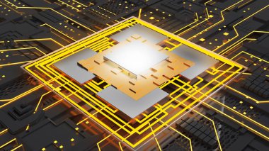 Bilgisayar sistemi bağlantı noktası, merkezi işleme ünitesinin soyut teknolojisi, işyerindeki bilgisayar teknolojisi, devre kartındaki kavramsal işlemci, 3D görüntüleme