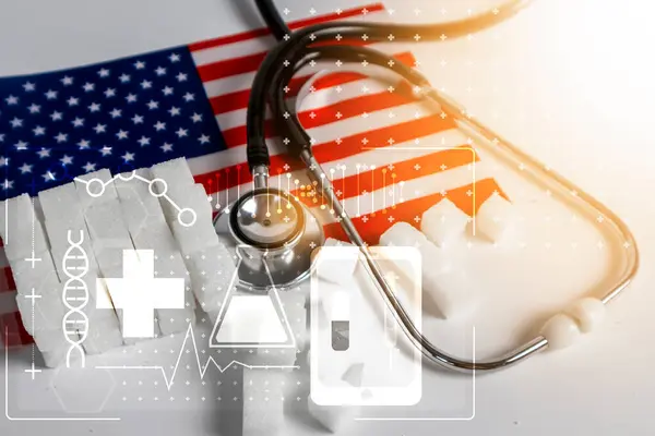 Achtergrond Beeld Van Suikerklontjes Met Medische Stethoscoop Gezondheidszorg Verenigde Staten — Stockfoto