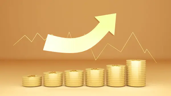 Gouden Munt Gouden Pijl Uptrend Witte Achtergrond Dollar Munten Besparingen — Stockfoto