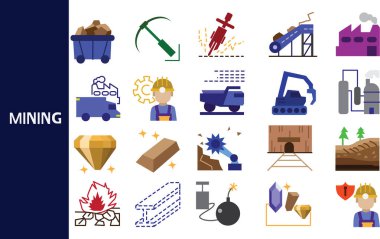 Madencilik doğal kaynakların kömür, altın veya demir madenlerinde kullanılmasıdır. Demir cevheri malzemedir. , iş simgeleri kümesi, sembol koleksiyonu., Vektör illüstrasyonu.