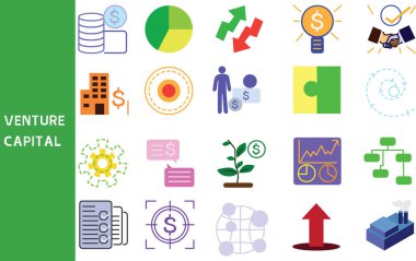 Girişim sermayesi, işletmelerin ortak yatırımı, finansman kaynakları ve iş ortakları, iş simgeleri seti, sembol koleksiyonu, Vektör illüstrasyonu..