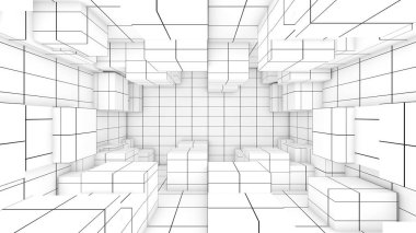 Boş, beyaz bir odadaki çizgiler çizgisi görsel bir işaret görevi görüyor. , uzaklık ölçüm ızgarası, ızgara görünümü, 3d renderin bir boşluk