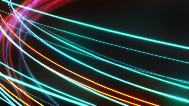 Geceleyin hız hareketi, neon ışık dalgası hareketi, gelecekteki teknoloji konseptinin soyut görüntüsü, 3D görüntüleme