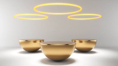 Beyaz arka planda altın kaide, altın malzeme, ürün sunumu için podyum, 3D görüntüleme