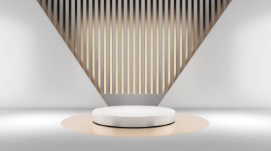 Altın zemin üzerinde beyaz duruş, ürün sunumu için podyumu taklit et, 3D görüntüleme