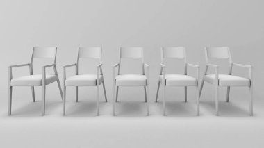 Beyaz arka planda birkaç sandalye, üç boyutlu görüntüleme.