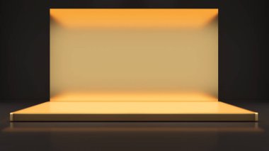 Siyah arkaplandaki altın standı, ürün sunumu için podyumu taklit et, 3D görüntüleme