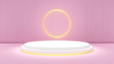 Eğri duvardaki beyaz duruş açık pembe sırt, ürün sunumu için podyum hazırlama, 3D görüntüleme