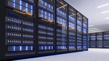 Veri Merkezi 'nin tam teşekküllü sunucu raflarıyla çekilmiş hali. Modern Telekomünikasyon, Veri Merkezi soğutma, sunucu odası, 3D görüntüleme