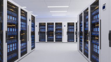 Veri Merkezi 'nin tam teşekküllü sunucu raflarıyla çekilmiş hali. Modern Telekomünikasyon, Veri Merkezi soğutma, sunucu odası, 3D görüntüleme