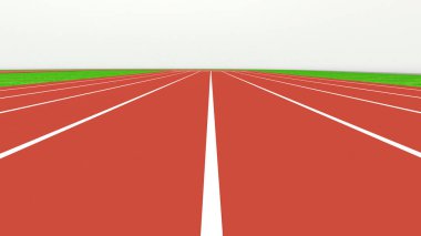 Spor sahasında koşu pisti ve kırmızı pist müsabakası, düz görüş, 3D görüntüleme.