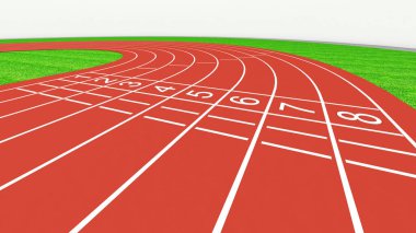 Spor pisti ve pist kırmızı spor müsabakaları, başlangıç çizgisi eğrisi görünümü, 3D yorumlama.