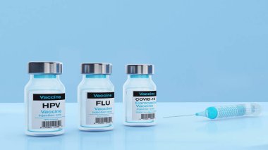 Beyaz arka planda aşı şişesi ve şırınga, korona virüsünü önle, hpv aşısı, 3 boyutlu görüntüleme