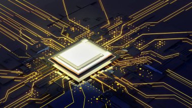 Bilgisayar sistemi bağlantı noktası, merkezi işleme ünitesinin soyut teknolojisi, işyerindeki bilgisayar teknolojisi, devre kartındaki kavramsal işlemci, 3D görüntüleme