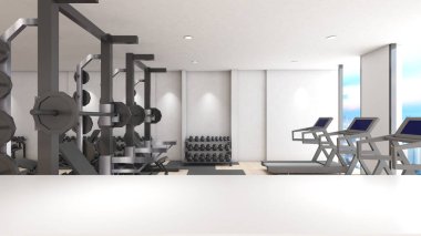 Mal yerleştirmek için beyaz platform, sağlık ve spor salonu ve fiziksel gelişim için arka plan oluşturun, 3D görüntüleme