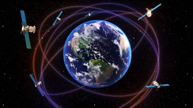 Teknoloji iletişimi küresel navigasyon uydu sistemi, uydu navigasyon sistemleri için standart genel terim, GNSS, 3D görüntüleme, bu görüntünün elementleri NASA ile dekore edilmiştir.