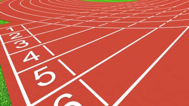 Spor pisti ve pist kırmızı spor müsabakaları, başlangıç çizgisi eğrisi görünümü, 3D yorumlama.