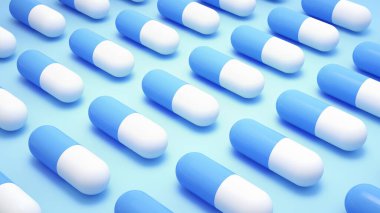 Açık mavi arka planda antibiyotik, uygun bakım ve ilaç kullanımı, 3 boyutlu görüntüleme