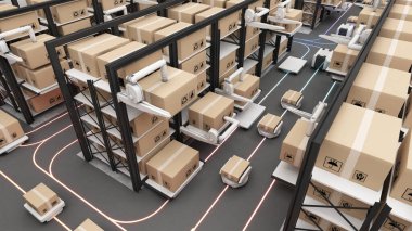 Robot transportation and cargo handling,automation in product management,Warehousing and Technology Connections,3d rendering