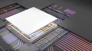 Bilgisayar sistemi bağlantı noktası, merkezi işleme ünitesinin soyut teknolojisi, işyerindeki bilgisayar teknolojisi, devre kartındaki kavramsal işlemci, 3D görüntüleme