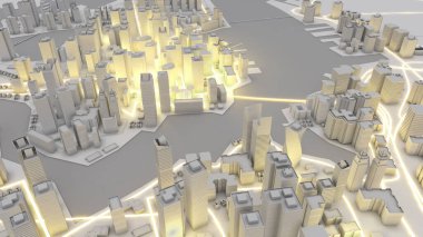 Şehrin iş bölgesinde yüksek binalar, yollar ve nehirler inşa ediliyor. , ofis binaları ve yüksek yapılar bu sektörde görülebilir, 3D görüntüleme.