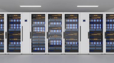 Shot of Data Center With Multiple Rows of Fully Operational Server Racks.,server room,server room,3d rendering