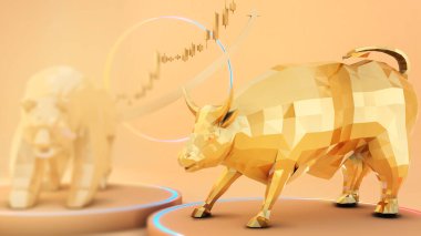 Altın kaidede altın boğayla altın ayı. Yatırım ve iş, 3D sunum.