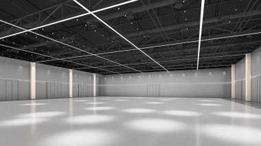 Büyük iç mimari aydınlatma ile büyük beyaz salon beyaz açık alan, 3D görüntüleme