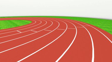 Spor oyunları eğrisi görünümünde spor sahası ve kırmızı pist yarışması, 3d yorumlama.