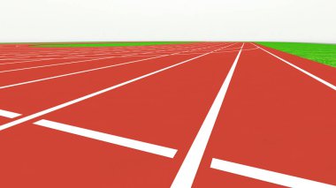 Spor sahasında koşu pisti ve kırmızı pist müsabakası, düz görüş, 3D görüntüleme.