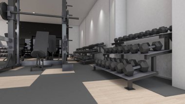 Koşu bantları ve halter. , Sağlık ve Fiziksel Gelişim için Spor Salonları, 3D