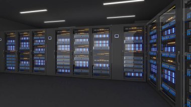 Shot of Data Center With Multiple Rows of Fully Operational Server Racks.,server room,server room,3d rendering