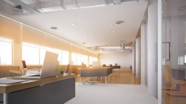 Çalışanlar için çalışma ve koridor için ofis alanı, çatı katı tarzında dekore edilmiş çalışma alanı, 3D görüntüleme
