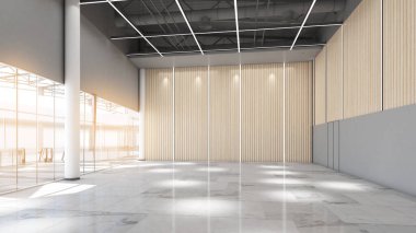 Büyük iç mimari aydınlatma ile büyük beyaz salon beyaz açık alan, 3D görüntüleme
