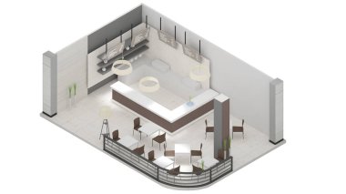 Isometric view food court,restaurants in shopping malls, 3d rendering.