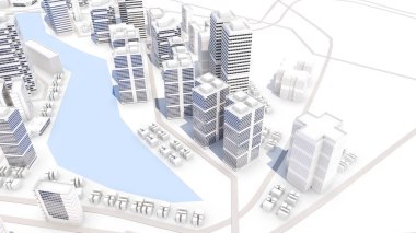 Şehrin iş bölgesinde yüksek binalar, yollar ve nehirler var. Ofis binaları ve yüksek binalar iş bölgesinde görülebilir. .3d görüntüleme