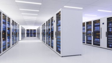 Veri Merkezi 'nin tam teşekküllü sunucu raflarıyla çekilmiş hali. Modern Telekomünikasyon, Veri Merkezi soğutma, sunucu odası, 3D görüntüleme